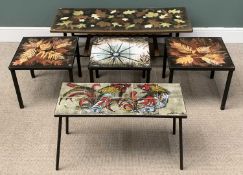 FIVE RETRO MID-CENTURY PICTORIAL TABLES with the largest, 44 (h) x 124 (w) x 48cms (d) Provenance: