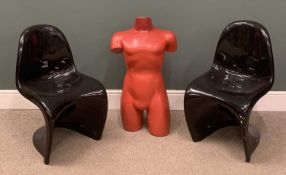 PLUS LOT 60 - PAIR OF CONTEMPORARY CHAIRS & A MANNEQUIN the moulded chairs in black fibreglass,