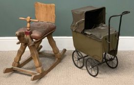 TWO VINTAGE NURSERY FURNISHINGS comprising wooden rocking-camel with leather saddle 63 (h) x 70 (