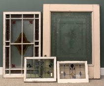 FOUR VINTAGE STAINED GLASS PANELS comprising large wooden example with etched glass, 157 (h) x