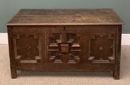 CHARLES II OAK GEOMETRIC PANELLED COFFER, 64 (h) x 121 (w) x 57cms (d) Provenance: private