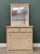 MODERN LIGHTWOOD CHEST & SIMILAR MIRROR having two over three drawers, 100 (h) x 110 (w) x 48cms (d)