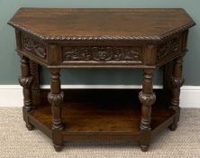 OAK CARVED HALL TABLE, circa 1900, octagonal form, single drawer with base shelf, 74 (h) x 107 (w) x