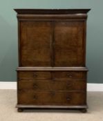 GEORGIAN WALNUT PRESS CUPBOARD with shelved two door top over base of two over two long drawers on