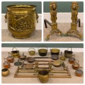 BRASS, COPPER ETC FIRESIDE & SIMILAR ITEMS including two fenders, copper kettles, irons, scuttles,