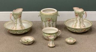 CERAMIC TOILET SET comprising two jug and basins, large pale, chamber pot etc. labelled 'Rhos'