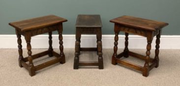 THREE POLISHED OAK PEG JOINTED STOOLS/SIDE TABLES including near pair on turned and block