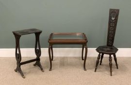 ARTS & CRAFTS STYLE CARVED SPINNING CHAIR, 95 (h) x 31 (w) x 39cms (d), a 'lift off' glazed top tray