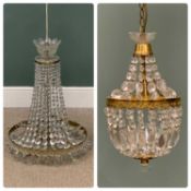 TWO CHANDELIERS, glass, lustre and brass effect, 72 (h) x 52cms (diam.) and 38 (h) x 20cms (diam.)