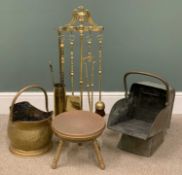 FIRE SIDE METALWARE to include fire irons, tripod stand with eagle finial, 87cms (h), coal