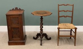 CARVED FRONT MAHOGANY NIGHT CABINET, a twist column tripod marquetry topped wine table and a