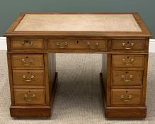 VINTAGE SMALL MAHOGANY TWIN PEDESTAL DESK with tooled top, three drawers above three plus three