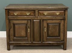 18TH CENTURY WELSH OAK DRESSER BASE with three plank top, two cupboard drawers with fielded