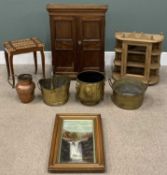 FURNISHING ASSORTMENT to include coal scuttle, brass jam pan, inlaid music box, hanging wall