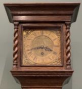 EDWARDIAN OAK LONGCASE CLOCK, narrow example, brass face, twist columns, pendulum driven, 199 (h)