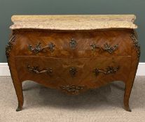 LOUIS XV STYLE FRENCH BOMBE CHEST, two drawers, marble top, marquetry detail, 85 (h) x 135 (w) x