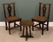 WELSH OAK FARMHOUSE CHAIRS, a near pair and a circular topped oak side table, 45 (h) x 43cms (diam.)