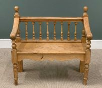 VINTAGE PINE COMPACTOR BENCH with spindle back, turned supports, 94 (h) x 95 (w) x 42cms (d)