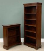 TWO MODERN MAHOGANY BOOKCASES with dentil type cornice, 95 (h) x 78 (w) x 28.5cms (d) and 183 (h)