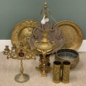 BRASSWARE to include chargers, fancy table lamp, trench art etc. Provenance: private collection