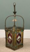 LATE VICTORIAN BRASS & LEADED GLASS HANGING CEILING LANTERN, 66 (h) x 22cms (diam.) Provenance: