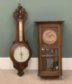 CARVED BALLOON BAROMETER (R. Bailey, Birmingham) and a polished oak pendulum wall clock