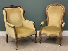 TWO SIMILARLY UPHOLSTERED ANTIQUE ARMCHAIRS with a carved rail back and similarly upholstered carved