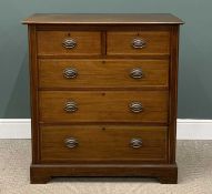 VICTORIAN MAHOGANY CHEST of two over three long drawers, brass drop handles and string inlay, 106 (