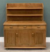 LIGHT OAK MID-CENTURY DRESSER in the style of Ercol, the rack with two shelves above a three