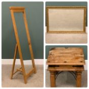 MODERN LIGHT OAK CHEVAL STYLE MIRROR, 170 x 60cms, a gilt framed wall mirror, 72 x 102cms and a