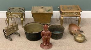 GROUP OF METALWARE FURNISHINGS including brass footman, brass coal box, trivet stand, brass jam pans
