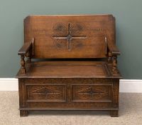 EDWARDIAN OAK MONK'S BENCH, 100 (h) x 108 (open) (w) x 43cms (d) Provenance: private collection