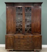 GEORGE III MAHOGANY BREAKFRONT BOOKCASE-CHEST, the dentil moulded cornice above a pair of central