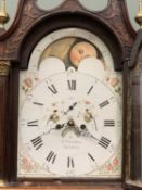 EARLY 19TH CENTURY OAK & MAHOGANY LONGCASE CLOCK with 8 day movement, swan neck pediment, rolling