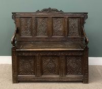 18TH CENTURY OAK BOX SEAT SETTLE, heavily carved with three panel front, 123 (h) x 145 (w) x