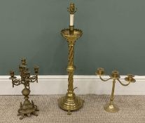 THREE CANDLEHOLDERS including ecclesiastical brass type with twist column and three claw feet, 76cms