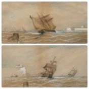 MARITIME SCHOOL circa 1900 pair of watercolours - ships in rough seas, indistinctly signed, 22 x