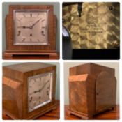ART DECO STYLE MANTEL CLOCK with silvered dial, marked 'W. Jones and Son, Colwyn Bay' and movement
