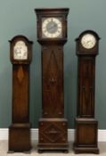 THREE VARIOUS LONGCASE CLOCKS comprising oak encased with silvered dial and Westminster chime,