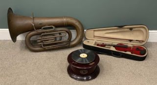 TWO MUSICAL INSTRUMENTS & RECORD PLAYER comprising 20th century red-painted violin with case, by