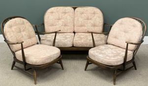 MID-CENTURY ERCOL THREE PIECE SUITE with spindle backs including two seater sofa 77 (h) x 141 (w)