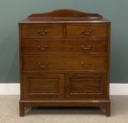 EDWARDIAN MAHOGANY CHEST of two short over two long drawers with base cupboard and railback, 127 (h)