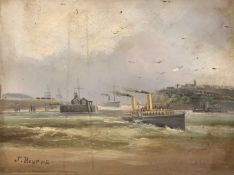 J. BOURNE (19th/20th century) oil on board - paddle steamer entering Tiger Bay Penarth Head, signed,