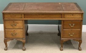 EDWARDIAN OAK DESK with tooled top, on ball and claw feet, 78 (h) x 150 (w) x 90cms (d)