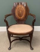 UNUSUAL SOLID BACK INLAID ELBOW CHAIR having a large upholstered oval seat over cabriole supports,