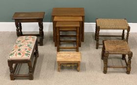 VARIOUS VINTAGE STOOLS & SMALL TABLES to include oak peg joined type, nest of three coffee-tables