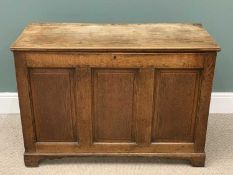 19TH CENTURY OAK BLANKET CHEST with interior candle box and three panelled front, 75 (h) x 108 (w) x