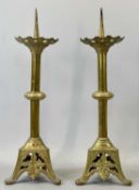 PAIR OF VINTAGE FRENCH BRASS PRICKET CANDLESTICKS, pierced triangular bases, 56cms (h) Provenance:
