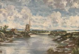 MOSS WILLIAMS (Welsh 1894-1975) oil on board - windmill at shoreline, unsigned, 23 x 33cms