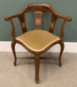 EDWARDIAN MAHOGANY CORNER CHAIR with inlay, splat back and upholstered seat, 74 (h) x 73 x (w) x